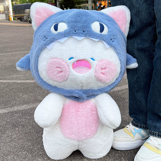 Peluche de gato esponjoso con sombrero de tiburón desmontable