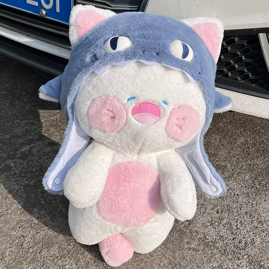 Fluffy Cat Plushie with Detachable Shark Hat