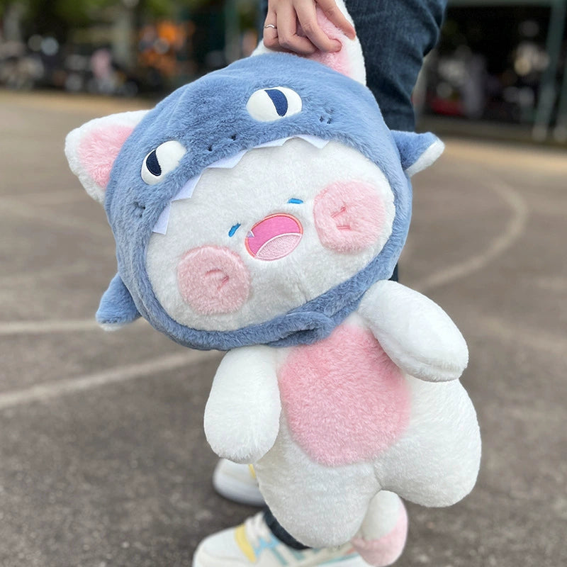 Fluffy Cat Plushie with Detachable Shark Hat