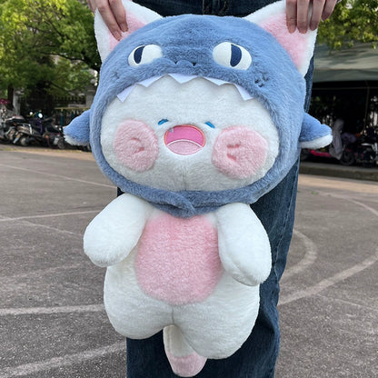 Fluffy Cat Plushie with Detachable Shark Hat