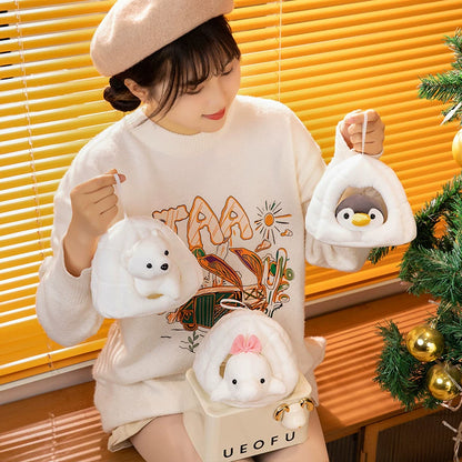 Peek-a-Boo Winter Pals – White Fluff Crew with Festive Charm 🎀🎄